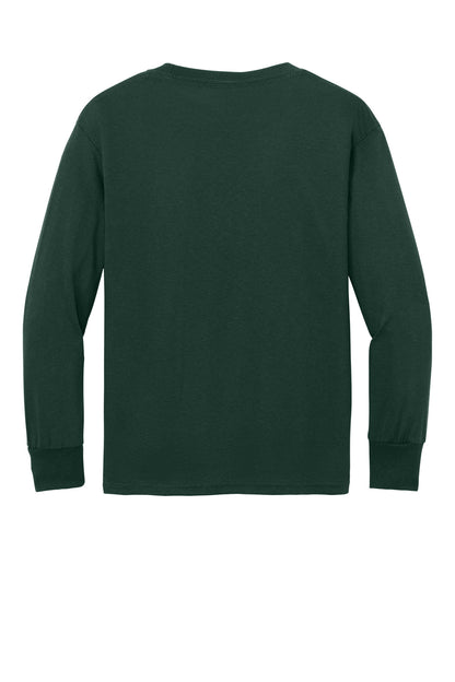 Rear View of Dark Green Port & Company Youth Long Sleeve Core Cotton Tee. PC54YLS