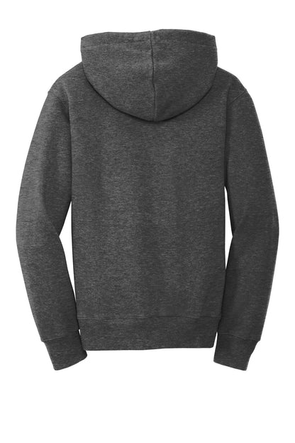 Rear View of Dark Hthr Grey Port & Company Youth Fan Favorite Fleece Pullover Hooded Sweatshirt. PC850YH