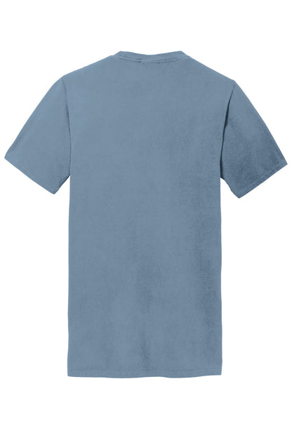 Rear View of Denim Blue Port & Company Beach Wash Garment-Dyed Pocket Tee. PC099P