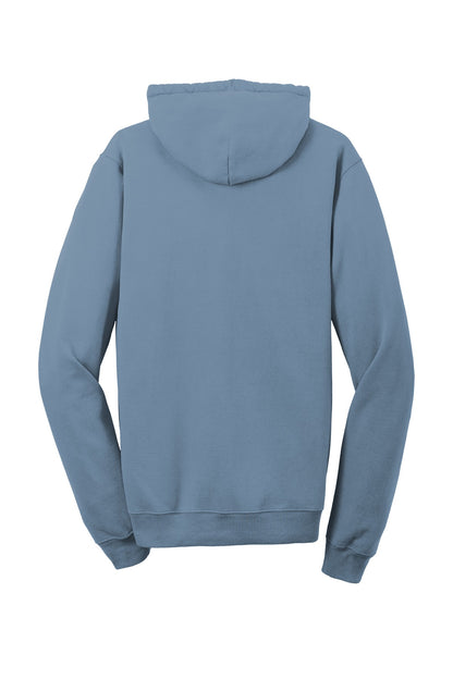 Rear View of Denim Blue Port & Company Beach Wash Garment-Dyed Pullover Hooded Sweatshirt. PC098H