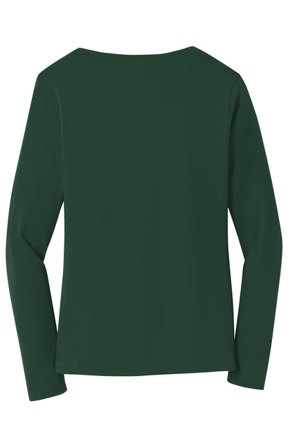 Rear View of Forest Green Port & Company Women's Long Sleeve Fan Favorite V-Neck Tee. LPC450VLS