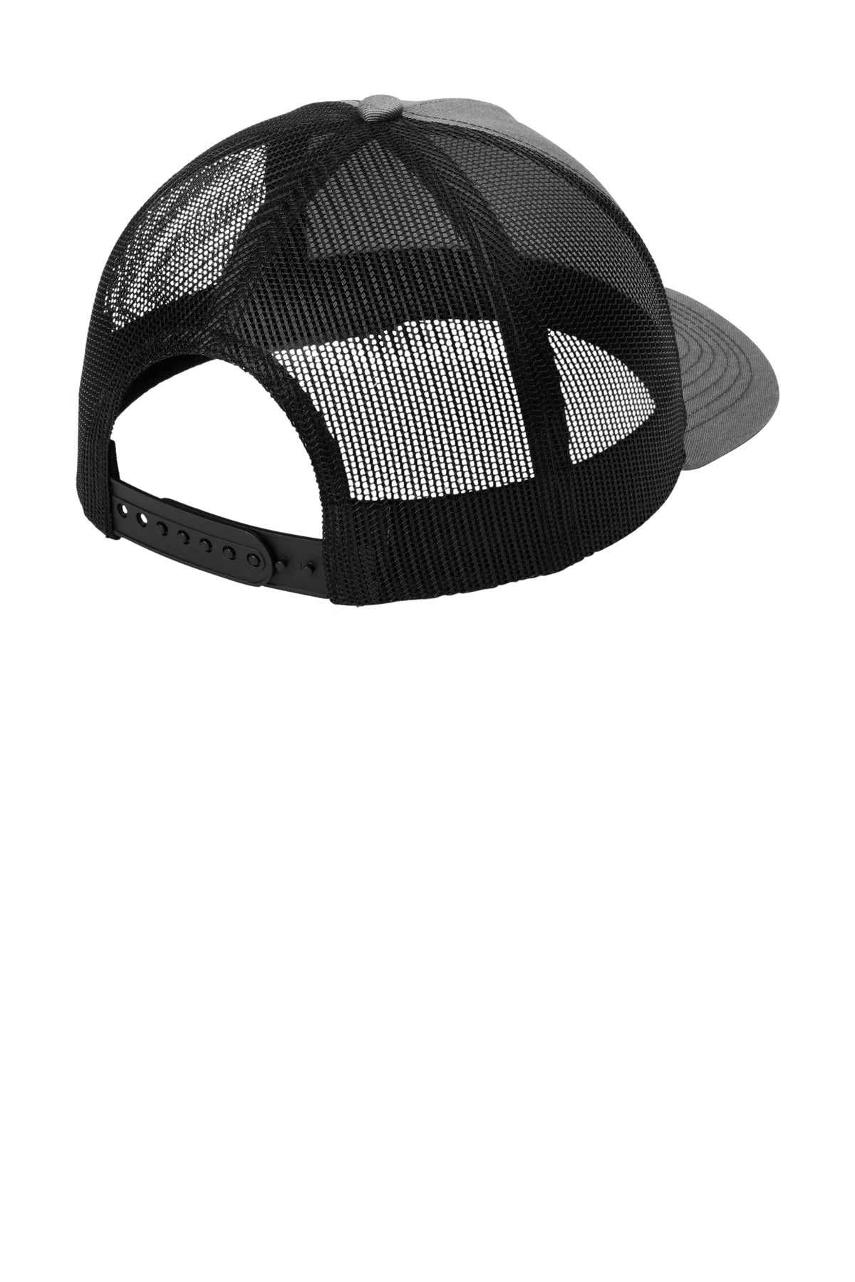 Rear View of HtGrey/Blk Port Authority Low-Profile Snapback 5-Panel Trucker Cap C115LP
