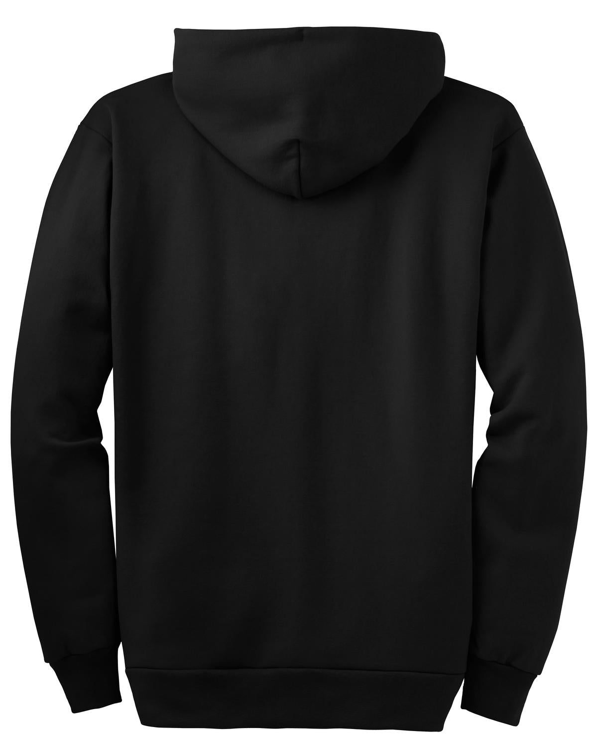 Rear View of Jet Black Port & Company Essential Fleece Full-Zip Hooded Sweatshirt. PC90ZH