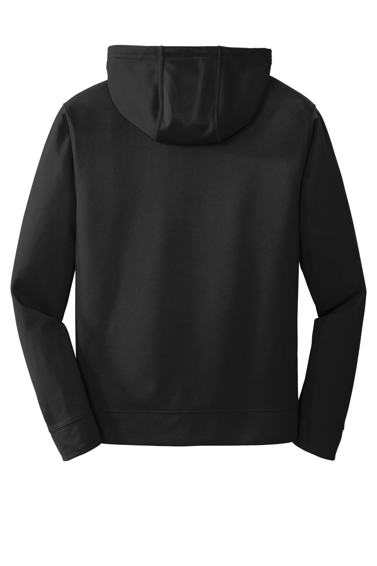 Rear View of Jet Black Port & Company Performance Fleece Pullover Hooded Sweatshirt. PC590H