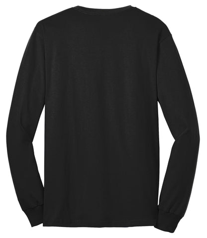 Rear View of Jet Black Port & Company Tall Long Sleeve Core Blend Tee. PC55LST