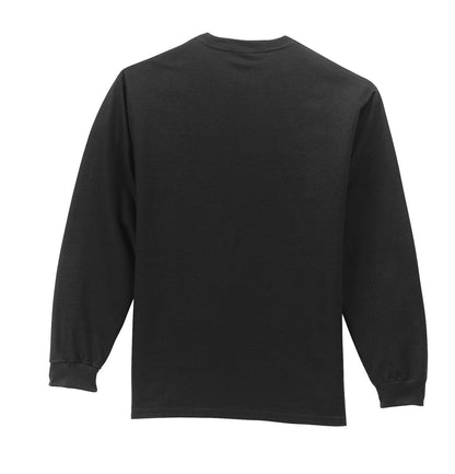 Rear View of Jet Black Port & Company Tall Long Sleeve Essential Pocket Tee. PC61LSPT
