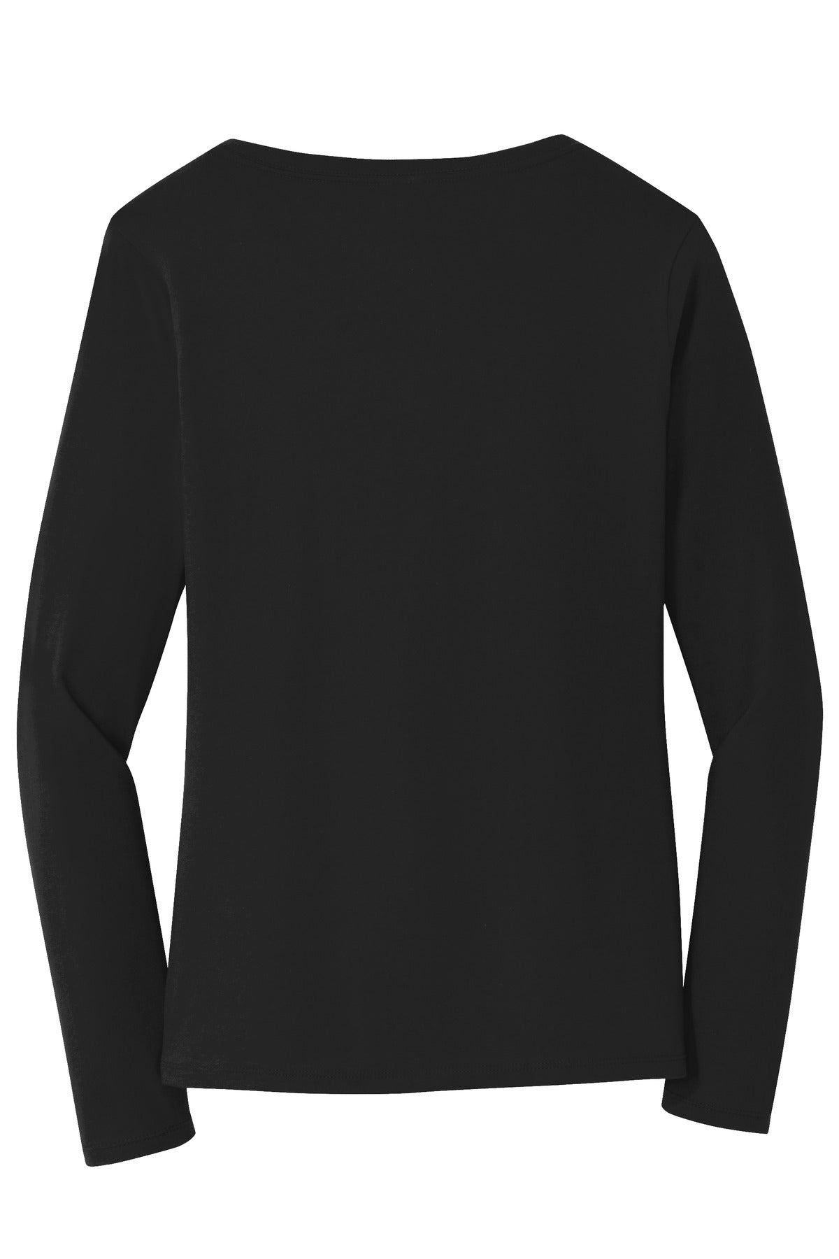 Rear View of Jet Black Port & Company Women's Long Sleeve Fan Favorite V-Neck Tee. LPC450VLS
