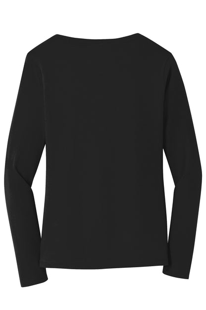 Rear View of Jet Black Port & Company Women's Long Sleeve Fan Favorite V-Neck Tee. LPC450VLS