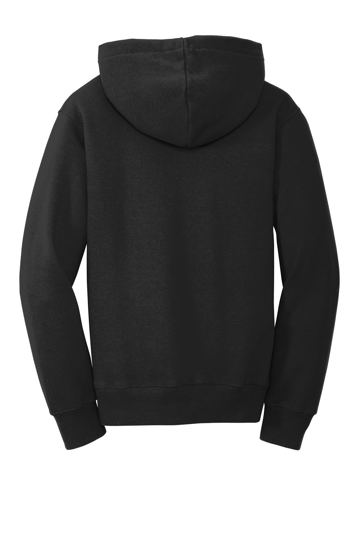Rear View of Jet Black Port & Company Youth Fan Favorite Fleece Pullover Hooded Sweatshirt. PC850YH