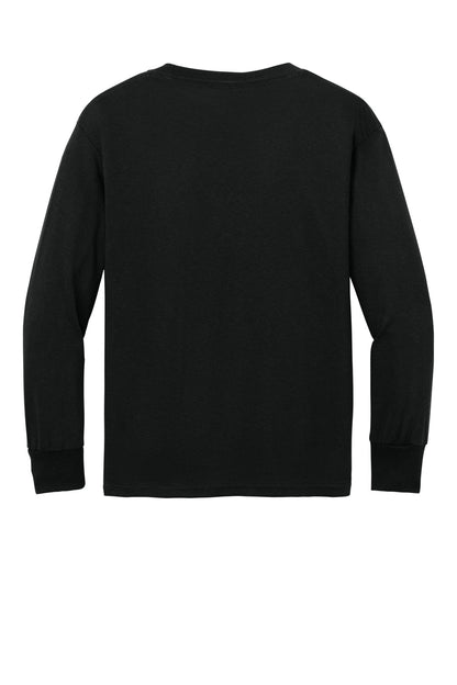 Rear View of Jet Black Port & Company Youth Long Sleeve Core Cotton Tee. PC54YLS