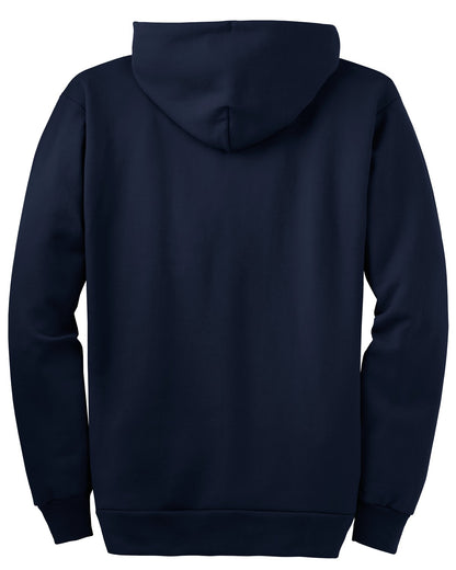 Rear View of Navy Port & Company Essential Fleece Full-Zip Hooded Sweatshirt. PC90ZH