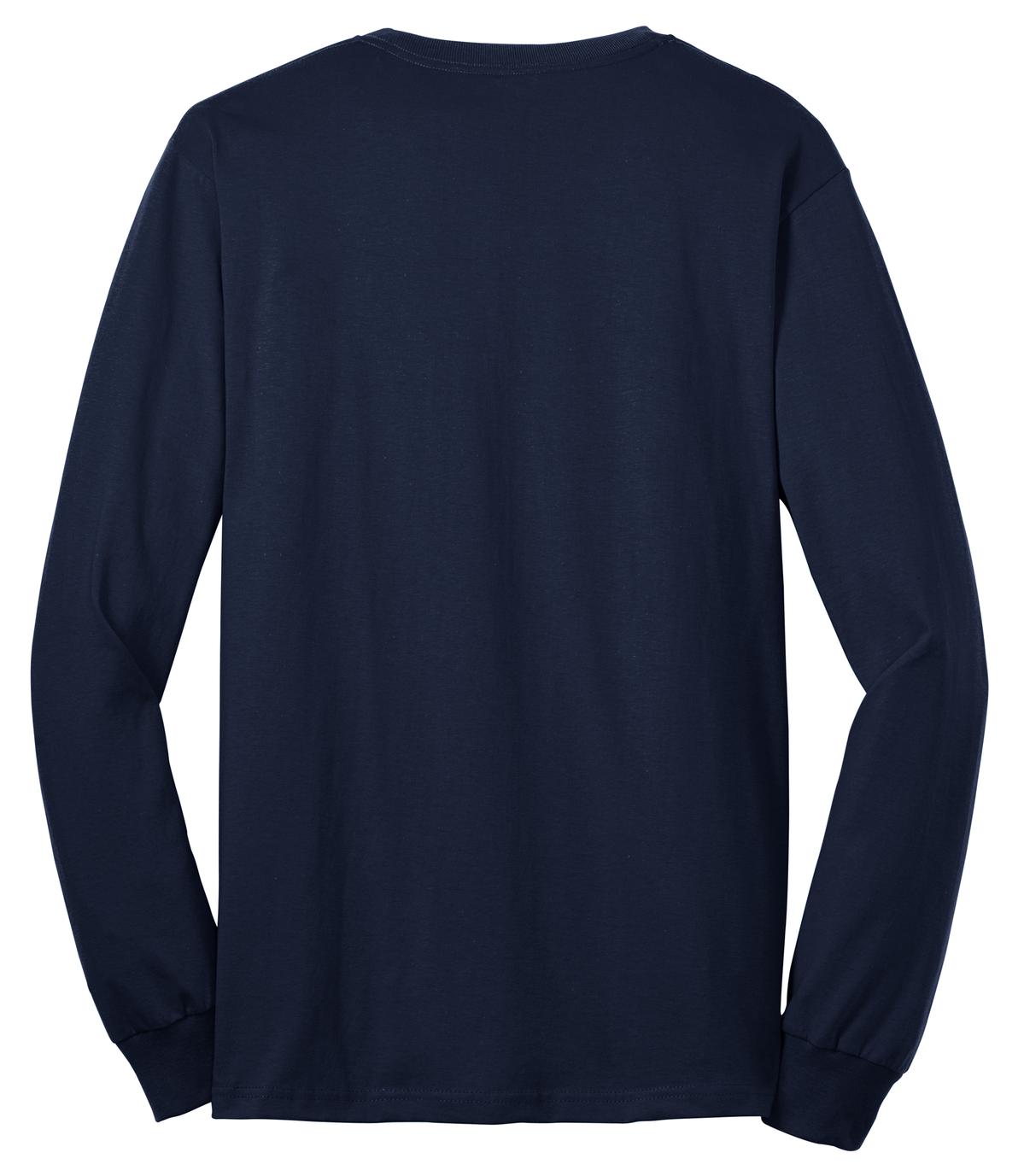 Rear View of Navy Port & Company Tall Long Sleeve Core Blend Tee. PC55LST
