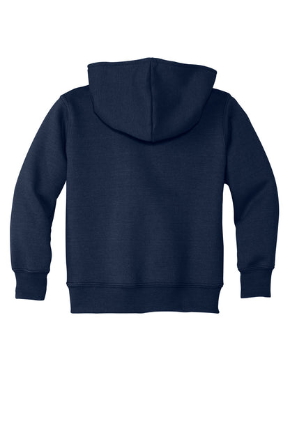 Rear View of Navy Port & Company Toddler Core Fleece Pullover Hooded Sweatshirt. CAR78TH