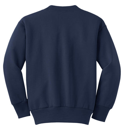 Rear View of Navy Port & Company Youth Core Fleece Crewneck Sweatshirt. PC90Y