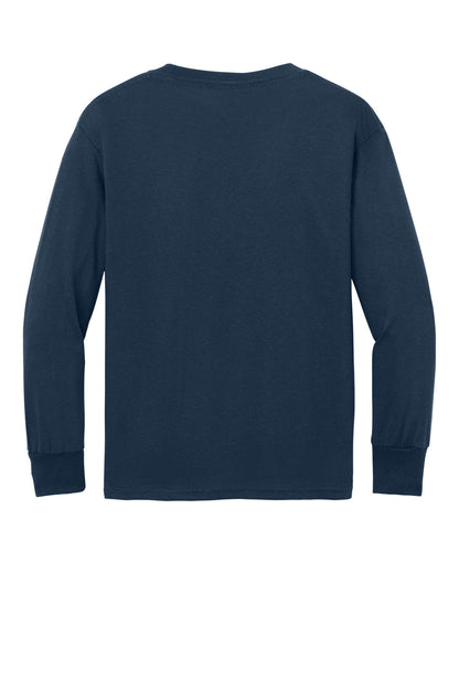 Rear View of Navy Port & Company Youth Long Sleeve Core Cotton Tee. PC54YLS