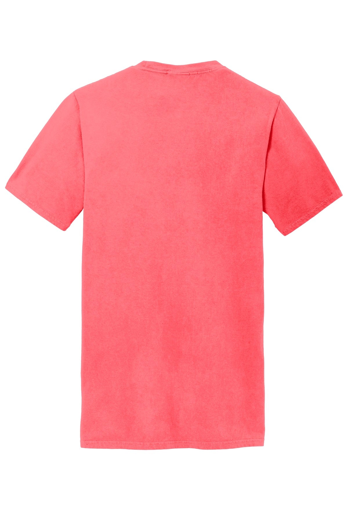 Rear View of Neon Coral Port & Company Beach Wash Garment-Dyed Pocket Tee. PC099P