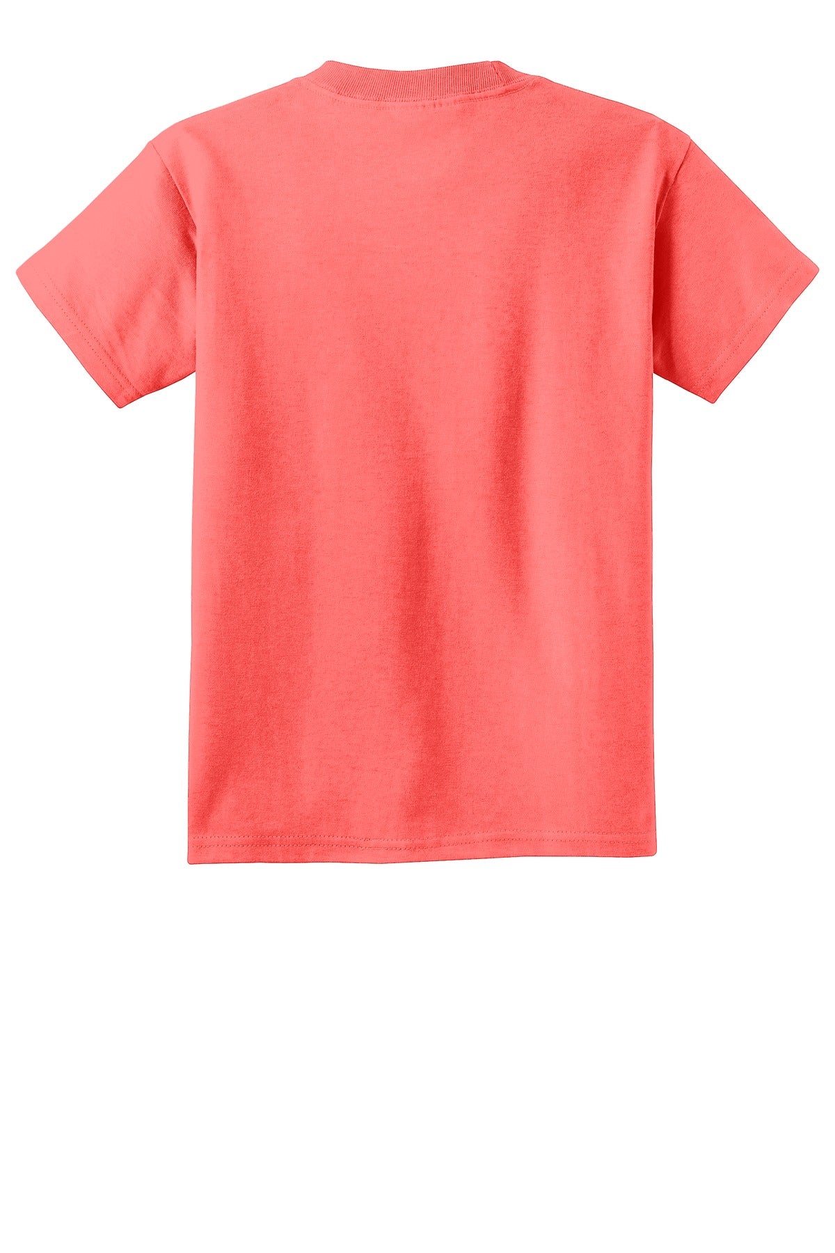 Rear View of Neon Coral Port & Company Youth Beach Wash Garment-Dyed Tee. PC099Y