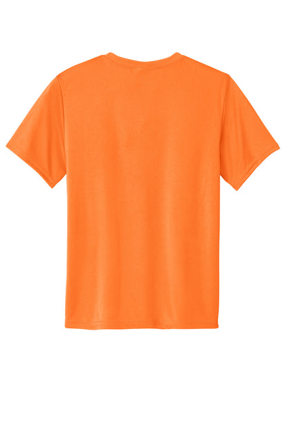 Rear View of Neon Orange Port & Company Youth Performance Tee. PC380Y