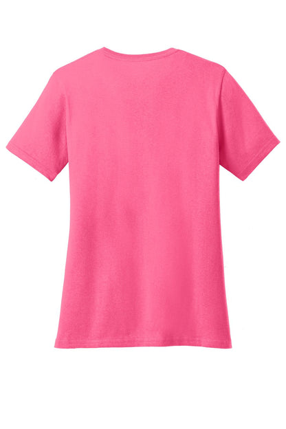 Rear View of Neon Pink Port & Company Women's Core Cotton Tee. LPC54