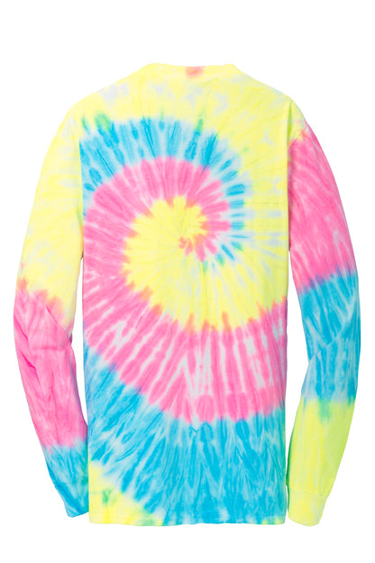 Rear View of Neon Rainbow Port & Company Tie-Dye Long Sleeve Tee. PC147LS
