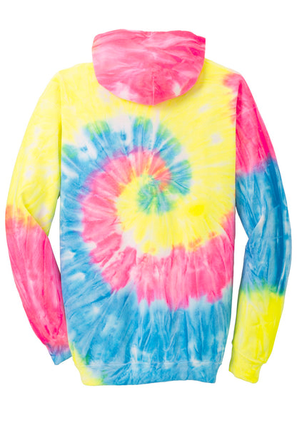 Rear View of Neon Rainbow Port & Company Tie-Dye Pullover Hooded Sweatshirt. PC146