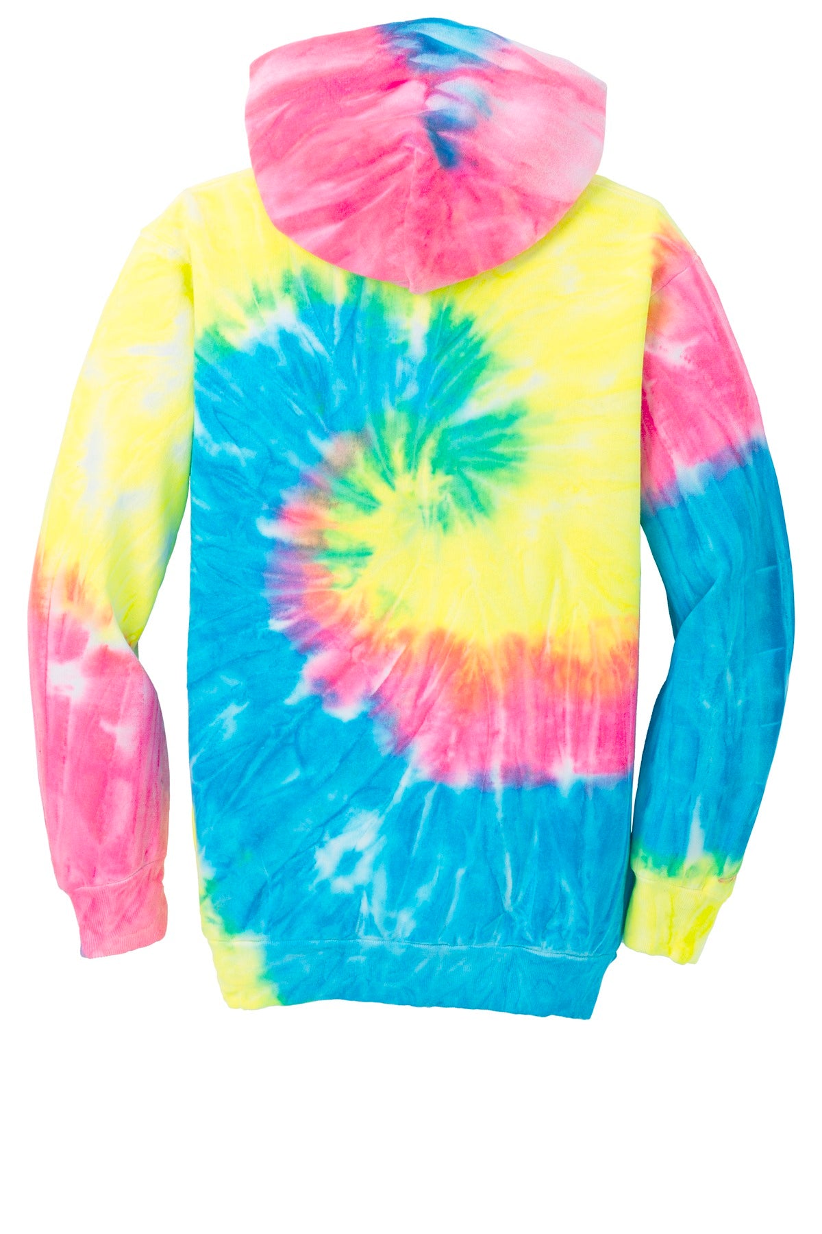 Rear View of Neon Rainbow Port & Company Youth Tie-Dye Pullover Hooded Sweatshirt. PC146Y