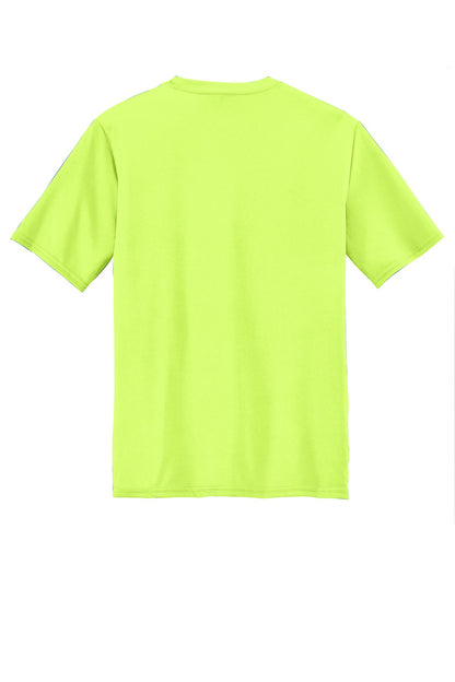 Rear View of Neon Yellow Port & Company Youth Performance Tee. PC380Y