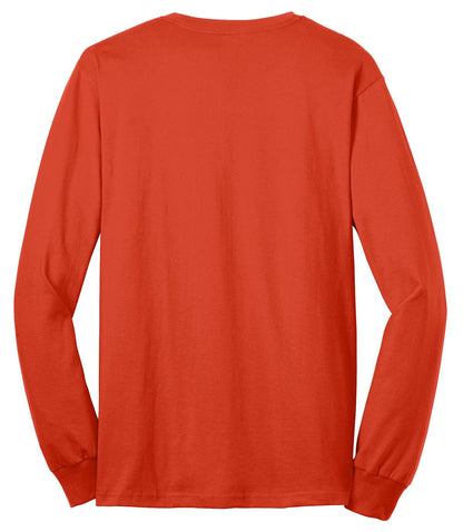 Rear View of Orange Port & Company Tall Long Sleeve Core Blend Tee. PC55LST