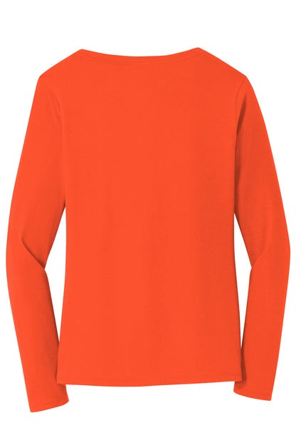Rear View of Orange Port & Company Women's Long Sleeve Fan Favorite V-Neck Tee. LPC450VLS