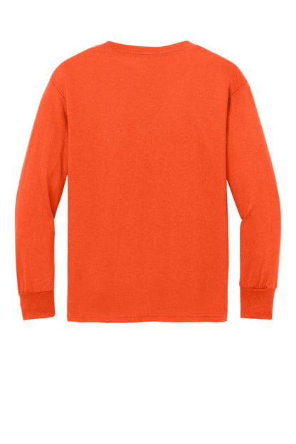 Rear View of Orange Port & Company Youth Long Sleeve Core Cotton Tee. PC54YLS