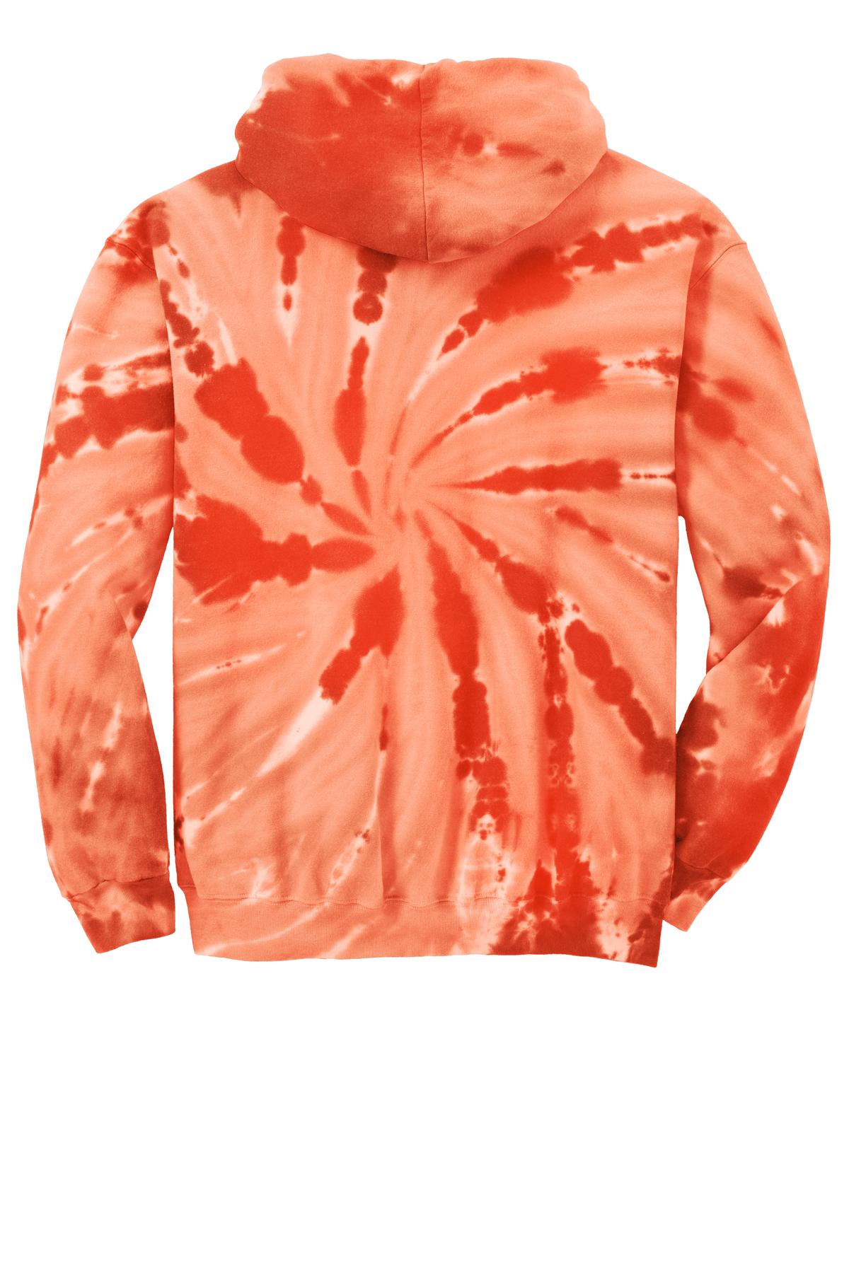 Rear View of Orange Port & Company Youth Tie-Dye Pullover Hooded Sweatshirt. PC146Y