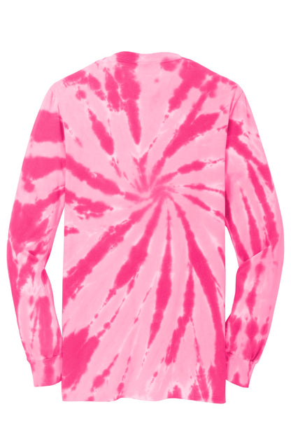 Rear View of Pink Port & Company Tie-Dye Long Sleeve Tee. PC147LS