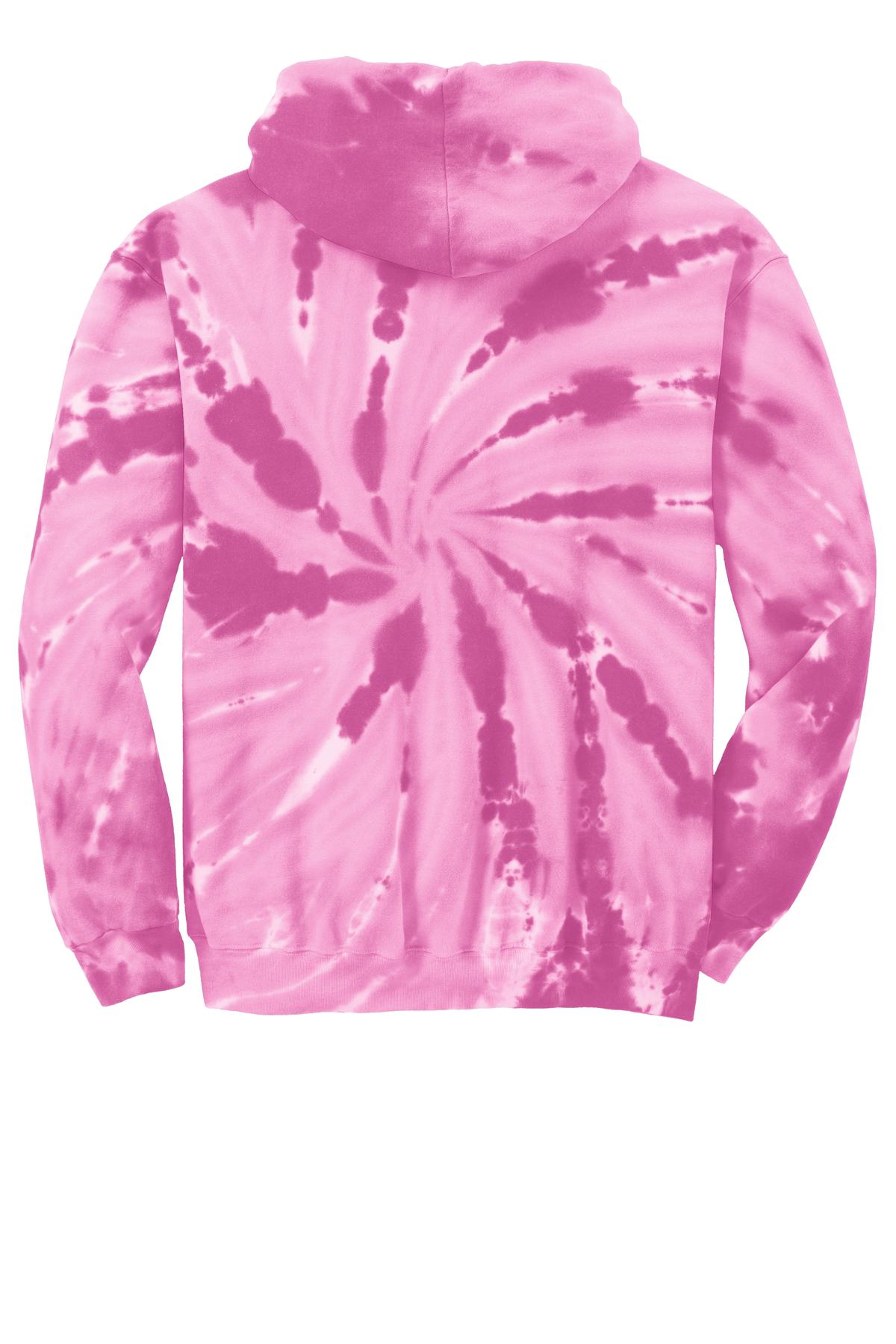 Rear View of Pink Port & Company Tie-Dye Pullover Hooded Sweatshirt. PC146