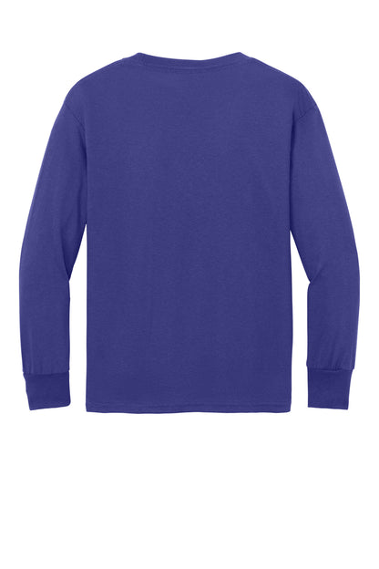 Rear View of Purple Port & Company Youth Long Sleeve Core Cotton Tee. PC54YLS