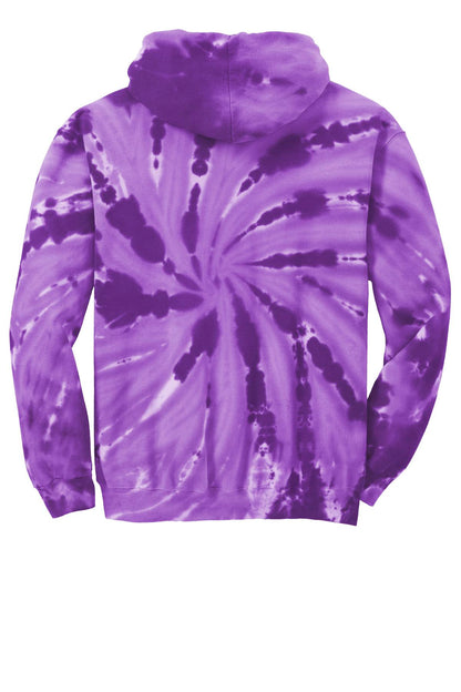 Rear View of Purple Port & Company Youth Tie-Dye Pullover Hooded Sweatshirt. PC146Y