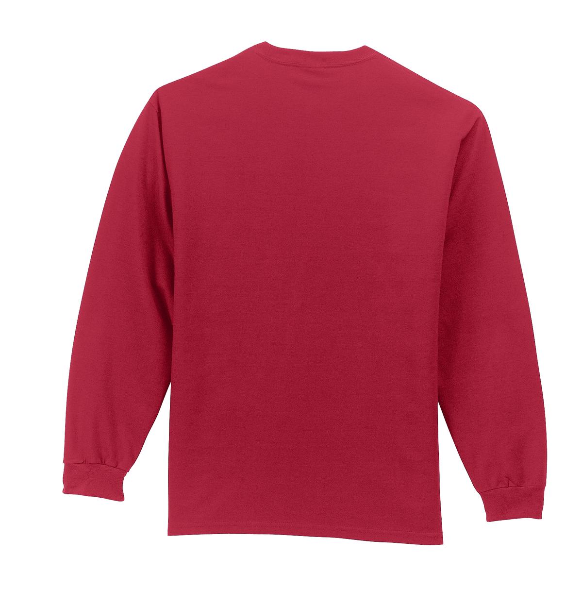 Rear View of Red Port & Company Tall Long Sleeve Essential Pocket Tee. PC61LSPT