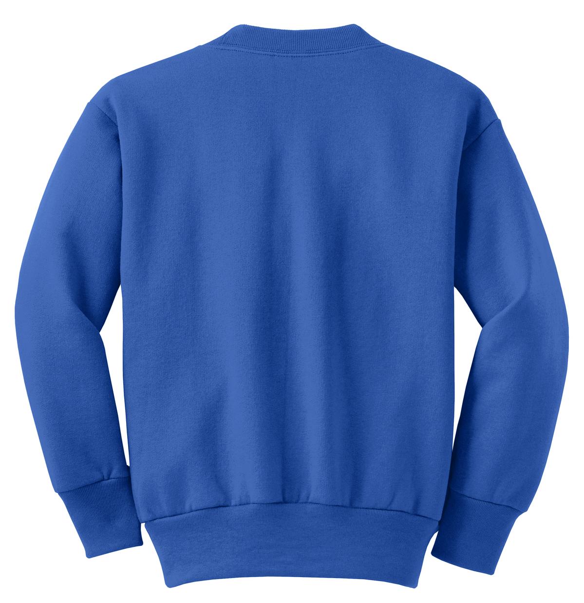 Rear View of Royal Blue Port & Company Youth Core Fleece Crewneck Sweatshirt. PC90Y