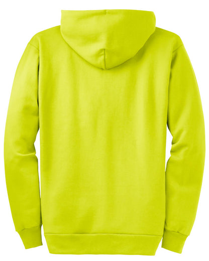 Rear View of Safety Green Port & Company Essential Fleece Full-Zip Hooded Sweatshirt. PC90ZH