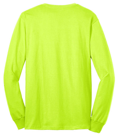 Rear View of Safety Green Port & Company Tall Long Sleeve Core Blend Tee. PC55LST
