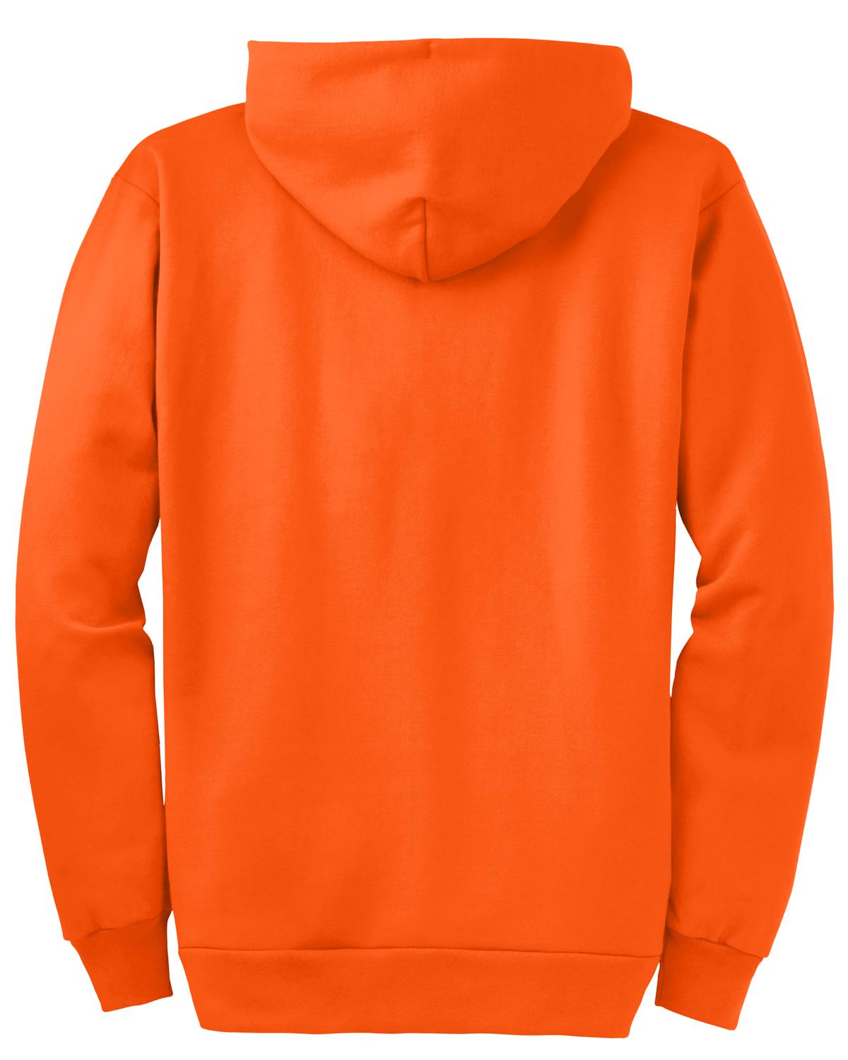 Rear View of Safety Orange Port & Company Essential Fleece Full-Zip Hooded Sweatshirt. PC90ZH