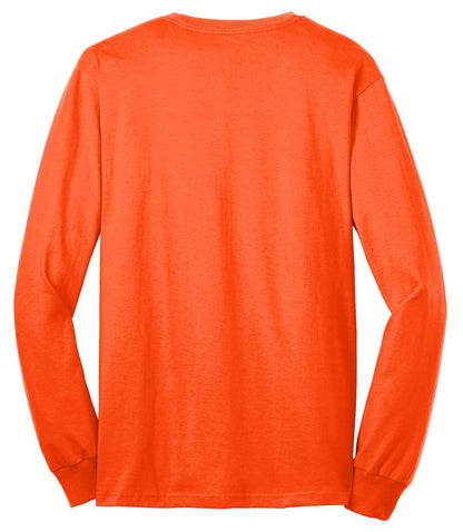 Rear View of Safety Orange Port & Company Tall Long Sleeve Core Blend Tee. PC55LST