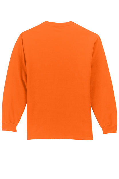 Rear View of SOrange Port & Company Long Sleeve Essential Pocket Tee. PC61LSP