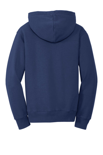 Rear View of Team Navy Port & Company Youth Fan Favorite Fleece Pullover Hooded Sweatshirt. PC850YH