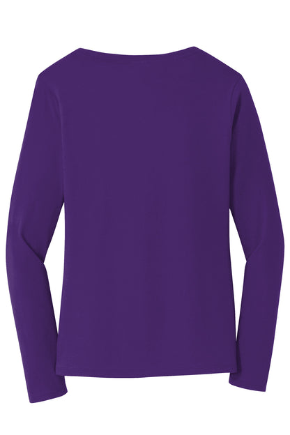Rear View of Team Purple Port & Company Women's Long Sleeve Fan Favorite V-Neck Tee. LPC450VLS