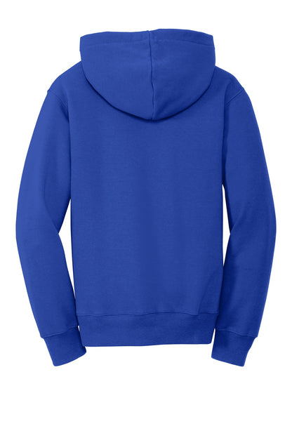 Rear View of True Royal Port & Company Youth Fan Favorite Fleece Pullover Hooded Sweatshirt. PC850YH