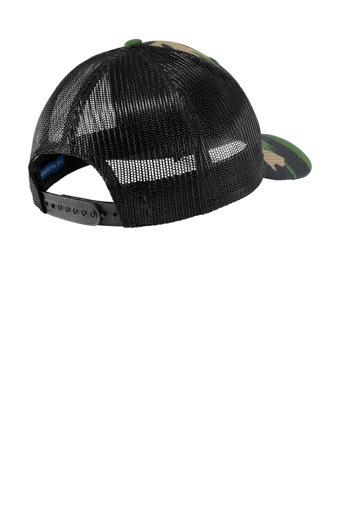 Rear View of Wdlnd Camo/Blk Port Authority Snapback Trucker Cap. C112