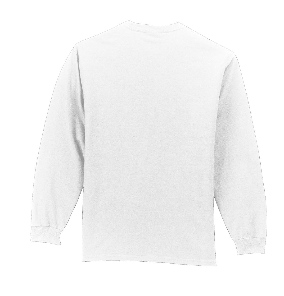 Rear View of White Port & Company Long Sleeve Essential Pocket Tee. PC61LSP