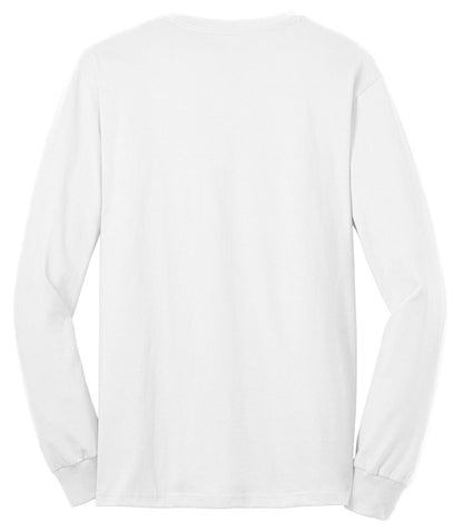 Rear View of White Port & Company Tall Long Sleeve Core Blend Tee. PC55LST