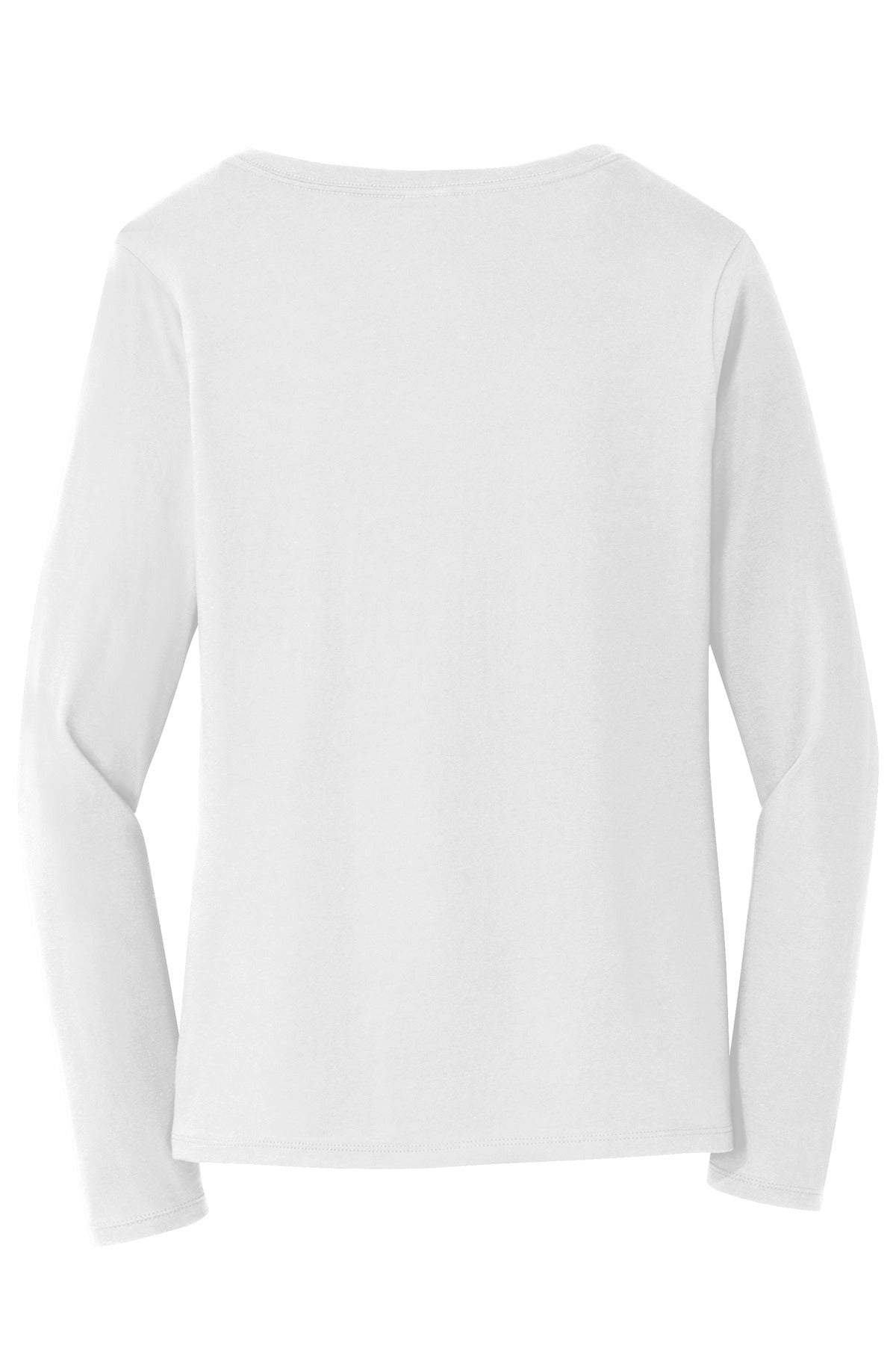 Rear View of White Port & Company Women's Long Sleeve Fan Favorite V-Neck Tee. LPC450VLS