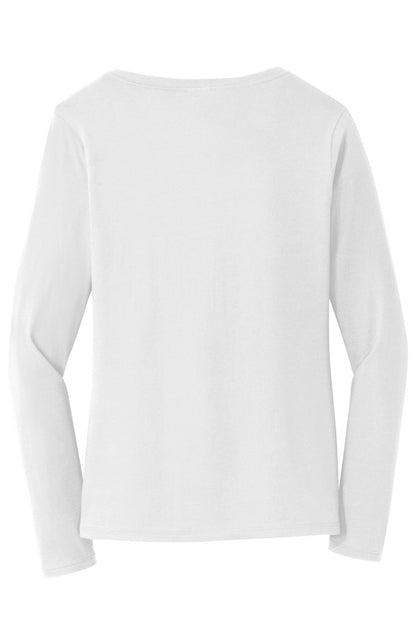 Rear View of White Port & Company Women's Long Sleeve Fan Favorite V-Neck Tee. LPC450VLS